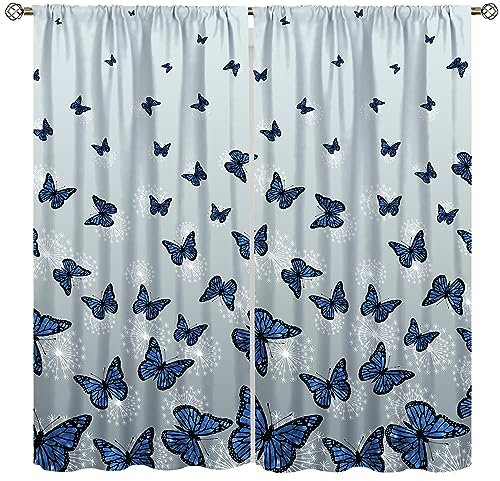 Llylumty Schmetterlings-Vorhänge, blauer Schmetterling, weißer Löwenzahn, romantisch, für Mädchen und Frauen, schalldicht, isoliert, Stangentasche, Fenster, Verdunkelungsvorhänge für Schlafzimmer,