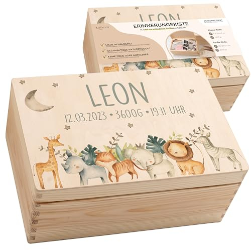 KIDSMOOD - Personalisierte Erinnerungsbox Baby, Holzkiste mit Deckel, Erinnerungskiste als Geschenkidee zur Geburt oder zum Geburtstag für Mädchen und Jungen, Baby-Box mit Namen
