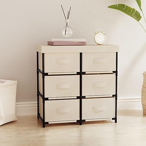 Homgoday Schrank mit 6 Schubladen 55 x 29 x 55 cm Creme aus Stahl, Nachttische für Schlafzimmer, Nachttisch, Anrichte für Zimmer, Bodenschrank