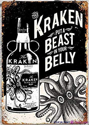 Retro Metal tin Sign Kraken Rum Replica Tattoo Drink Tin Sign,Cave,Bar,Club, Home Wall Art Metal Tin Sign 8x12 inches