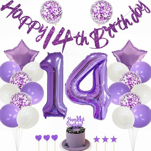 Kiwochy Lila 14. Geburtstag Deko Mädchen - Tortendeko, Luftballons, Nummer 14 Folienballon, Party Dekoration für 14 Jahre