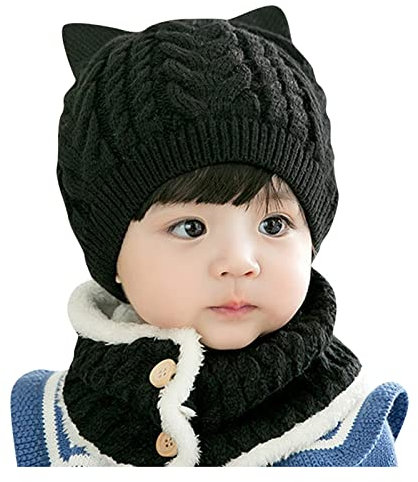 DUHGBNE Kleinkind Baby Jungen Wintermütze Kleinkind Katze Mütze mit Schal Fleece gefütterte Strickmütze Nackenwärmer für Kinder 2 Stück Baby Mütze 37 cm (Black, One Size)