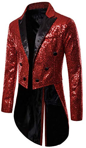 Alaurbeauty Herren Pailletten Smoking Jacke Frack Slim Fit Frack Kleid Mantel Schwalbenschwanz Dinner Party Hochzeit Blazer Anzug Jacke (Rot, L)