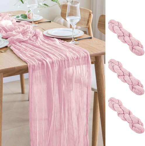 Asee'm 3PCS Tischläufer Käsetuch 300 x 90cm Hell Rosa Boho Transparente Läufer Tisch Hochzeit Gaze Stoff Rustikale Käse Tuch für Braut Dusche Party