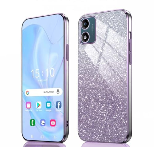 GOKEN Hülle für Motorola Moto E13 - Stoßfeste Schutzhülle, Handyhülle mit Weichem TPU Silikon, Elektroplattierten Kanten und Integrierter Glitzerkarte mit Glitzer, Cover Case, Verlauf Lila