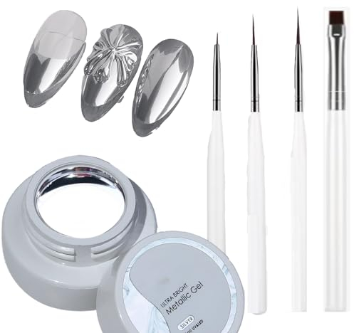 Nagellack Spiegeleffekt Silber Metallic 1PC Nagellack Metallic Gel Spiegeleffekt 6ml, MELLTONG Nagellack Gel für Nail Art, 4Pcs Nail Gel Paint Painting Nail Design Brush Pen Set,für Nail Art, Salon