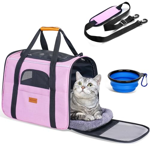 morpilot Sac Transport Chat Chien, Caisse de Transport Respirant et Pliable Cage avec Matelas en Peluche Amovible+Bandoulière+Bol