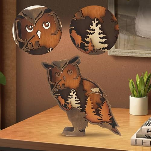 Drawelry 3D Holz Tiere Schnitzerei Skulpturen Ornament, Mehrschichtig Holz Synthese Wald Tier Gravur Regal Statuen Handwerk für Home Büro Desktop Weihnachten Neujahr Festival Dekor (Eule)