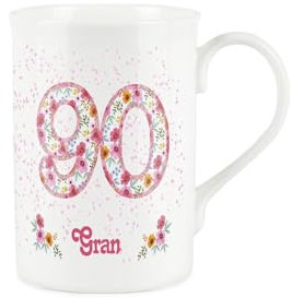 Purely Home Gran Pink Floral Ages Mug - 90th Birthday Gifts for Her - Granny Bone China Coffee/Tea Mug