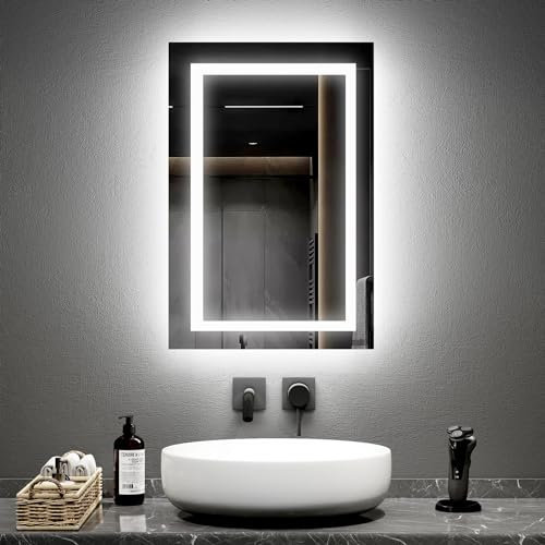 EMKE Miroir Lumineux Salle de Bain 40x60 cm avec Interrupteur à Bouton, Anti-buée, Deux Couleurs Lumière Blanche Froide 6500K/Chaude 3000K Miroir Salle de Bain avec Fonction mémoire