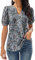GRECERELLE Ladies Shirts V Neck Pleated Blouses Ruffle Short Sleeve T Shirts for Women UK Elegant Summer T-Shirts Blouses for Women UK (Black + Anemone, XL)
