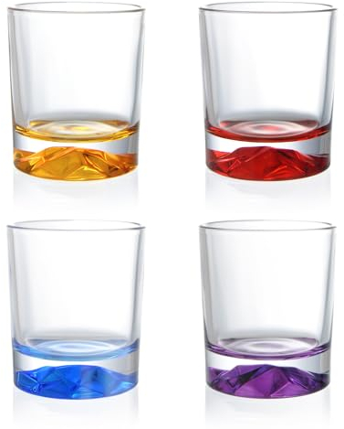 inmute Mesa Trinkgläser, doppelte, altmodische Gläser für Hausbar, 240 ml, farbige Bergbasis, Glaswaren, 4er-Set, Rocks-Gläser und Whiskygläser für Bourbon, Scotch