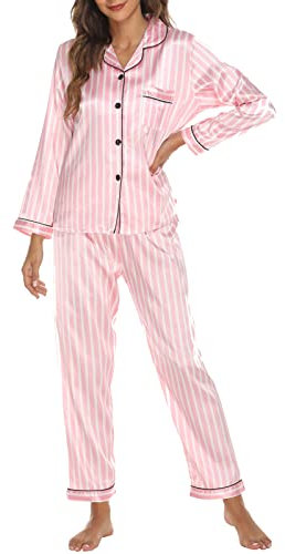 Loalirando Ensemble Pyjama Femme de 2Pcs en Satin Vêtement de Nuit Chic Elégant, Rose Rayure D, S