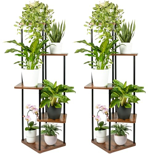 TTL HOME Blumenständer TOWER 2er Set - 5 Etagen 105 cm hoch Pflanzenständer Design Holz Eiche & Metall schwarz - innen Deko für Wohnzimmer Blumen Ständer Pflanzenregal Blumenregal Blumentreppe