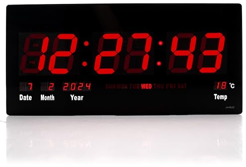 TruWare Just Camp Wanduhr Digital Groß LED Uhr mit Kalender Temperaturanzeige Studiouhr für Gewerbe Cafes Kiosk Hallen Digitaluhr XXL (Rot)