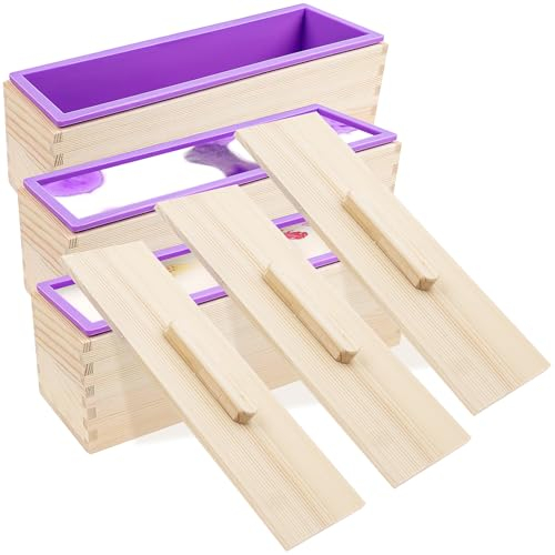 3 Pack Silicone Soap Molds, Rectangular Wooden Silicone Soap Mold Set, Soap Loaf Mold with Wooden Boxes & Lids for DIY Soap Craft Making Supplies (Purple)