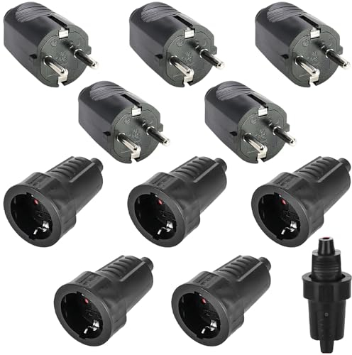 5 pares de conectores Schuko de acoplamiento: 250 V 16 A IP54 de goma Schukokupplung Set, protección de contacto, 2 polos exterior, resistente al agua negro Schuko enchufe y acoplamiento de goma sin