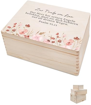 Bärenfreunde - Personalisierte Erinnerungsbox Baby mit Spezial-Druck - Individuelle Baby Erinnerungsbox - Erinnerungskiste Taufe - Geschenk zur Taufe (S | Klappdeckel,Taufpsalm Blumen)