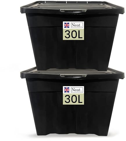 Neat. 30L Storage Boxes with Lids - Black Base & Hinged Lid Ideal for Home Organisation, Durable Plastic Containers, Space-Saving Box Storage Solutions, Plastic Box with Lid for Easy Access, Pack of 2