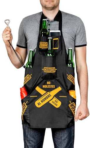 Froster Delantal para Hombres que Cocinan, Delantal Barbacoa Hombre, Delantal Cocina Hombre Divertido, Impermeable, 7 Bolsillos para Cerveza, Regalo Padre, Hermano, Marido, Amigo