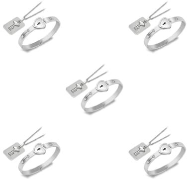 Paowsietiviity 5 set Couple Lock and Key Steel Necklace Heart Bracelet Kit Wedding Ceremony Banquet Romantic Bangle Pendant Jewelry Set Silver