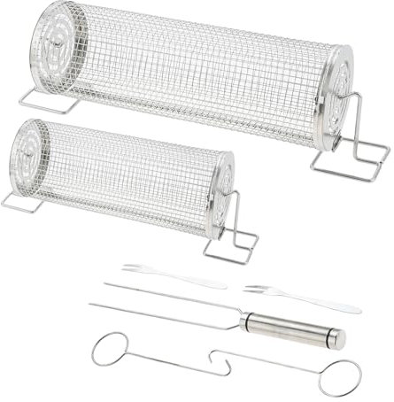 DRELD 2Sets Grill Basket Rolling, Stainless Steel Grill Mesh Cage with Fork and Holder Rack, Rolling Grill Rack Barbecue Accessories for Vegetables, Meat, Fish