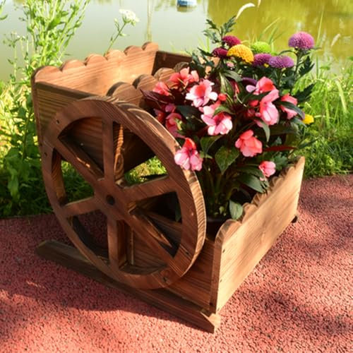 WAYTOSUC Wooden Garden Wagon Planter-Waterwheel Flower Box for Outdoor Rustic Planter Patio Backyard Flower Fruits Vegetable Natural Decorative (Rustic Planter)