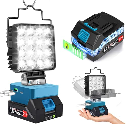 Kabellose Akku Lampe mit Akku und Ladegerät, 48W 4800LM LED Arbeitsleuchte, 2 Helligkeitsstufen Led Strahler Kompatibel Für Makita 18v akku, Tragbares Baustrahler Akku mit Typ C und USB-Aufladung