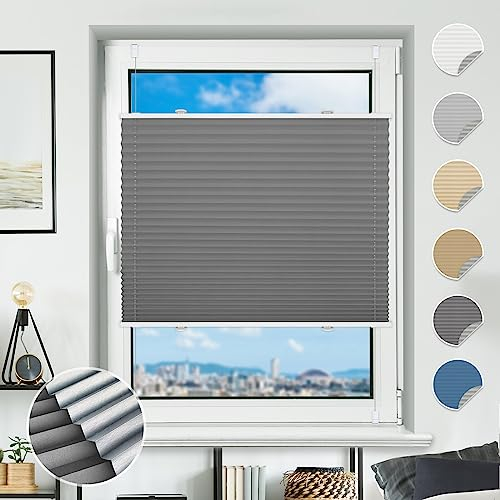 Plissee ohne Bohren Verdunkelung Plissees Klemmfix 85x120cm(BxH) Grau 100% Blickdicht Verdunklungsplissee Fensterrollo innen ohne Bohren Aluminium Rollos für Fenster & Tür
