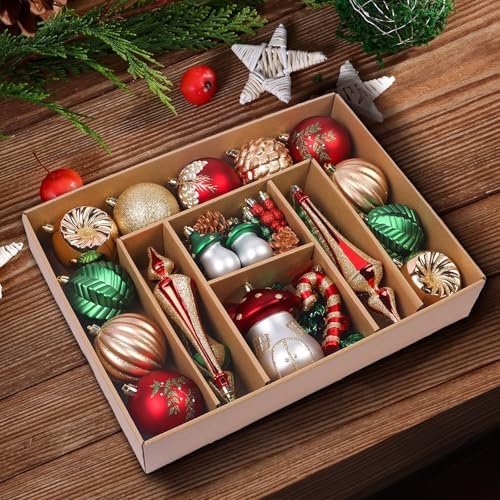 Alupssuc 52PCs Christmas Baubles Ornaments Set, 3-8cm Shatterproof Hanging Christmas Tree Baubles for Holiday Wedding Party Decorations, Bronze Gold & Green