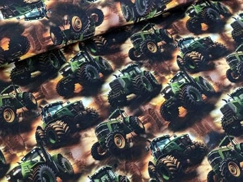 Eigenproduktion Bio Baumwolljersey Farm Traktor Traktoren Grün/Braun Stoff Meterware Kleiderstoff