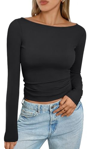 Trendy Queen Women's Boat Neck Tops Long Sleeve Shirts Casual Fitted Tee Shirts Solid Color Fall Basic Clothes, Black, S