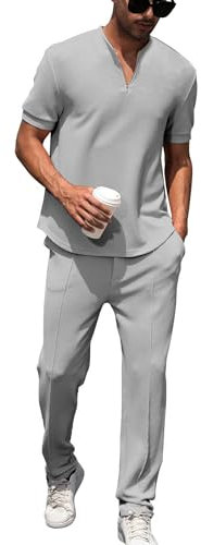 DONYKARRY 2-Teilige Herren Jogging Anzug Trainingsanzug Sportanzug Aus Baumwolle Fitnessraum Kurzarm Oben+ Hose Tracksuit Atmungsaktiv Hausanzug Set(Grau,L)