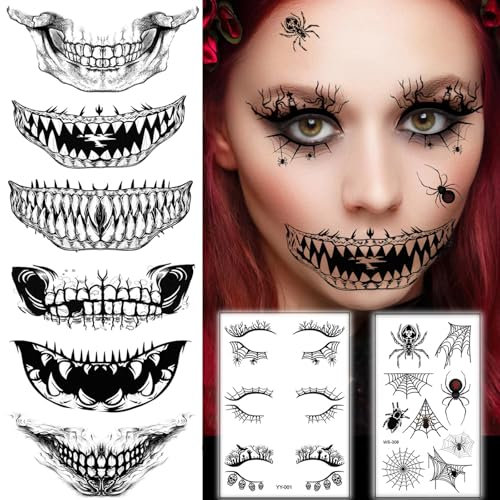 Halloween Tattoo Gesicht,Halloween Kostüm Damen Schminke Accessoires Erwachsene, Halloween Tattoos Make Up Zombie Skelett Vampir Zähne Narben Gesichtstattoo Aufkleber (Totenkopf Mund)