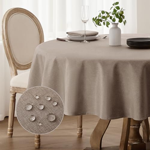 Softalker Nappe Automne Ronde 160 cm de Anti Tache Nappe extérieurs Impermeable Jardin nappes en Lin Nappe Marron Tissu Lavable Decoration de Petite Table pour Noel Anniversaires Mariage Fete Buffet