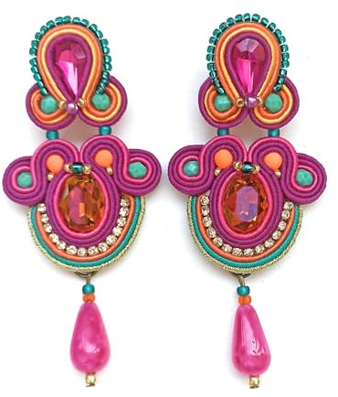 Pendientes largos multicolor de soutache artesanales con cristales facetados, Pendientes naranja, buganvilla, verde agua y dorado con lagrima fucsia