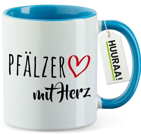 Huuraa Kaffeetasse Pfälzer mit Herz Geschenk | Motivtasse 330ml Blau Keramik Tasse mit Spruch Kaffeebecher Geschenkidee Becher mit Motiv