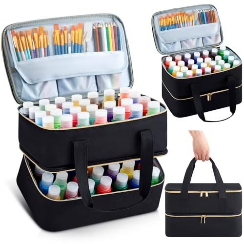 Abbylike Acrylic Paint Organizer Case for up to 64 Bottles (2 Oz) Double Layer Art Supply Storage Bag Alcohol Ink Storage Case Paint Carry Case with Foam Insert and Inner Storage Pocket(Black)