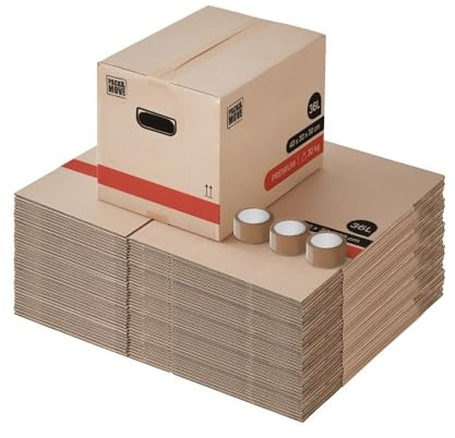 Pack and Move - 50 Stück Umzugskartons für Bücher Premium – 40 x 30 x 30 cm – extrem robust 30 kg – verstärkte Griffe – 3 Aufkleber gratis