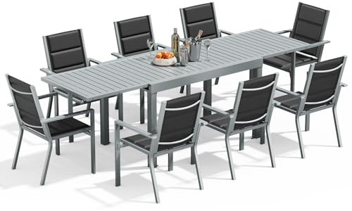 Devoko Gartenmöbel Set 8 Personen,8+1 Aluminium Tisch und Stühle Set Balkonmöbel, 8 Stapelbare Gartenstühle und 1 130/260 cm Dehnbarer Gartentisch,Terassen möbelsets außen Lounge, Hellgrau