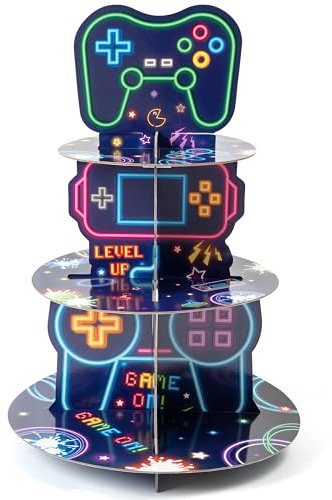 ArianQicult Neon Video Game Cupcake Stand - 3-Tier Glow Video Game Round Cake Stand Cupcake Tower, Gaming Themed Cardboard Dessert Holder Party Decorations for Kids Boys Birthday Party Supplies