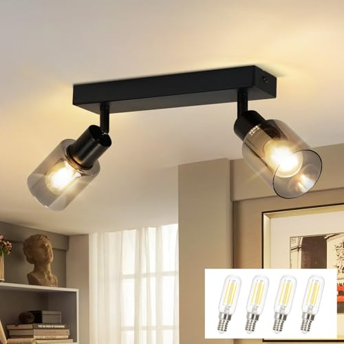 Kowanie Deckenstrahler 2 flammig Vintage: Deckenleuchte Flur Deckenlampe | Industrial aus Metall und Glas schwenkbar 350° Strahler Deckenspots Wandstrahler für Küche inkl. 4 × E14 2700K Leuchtmittel