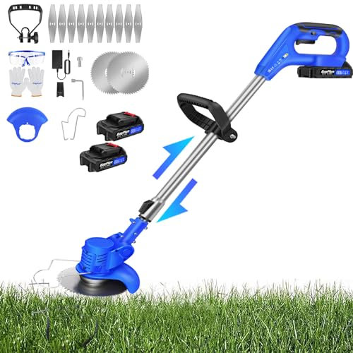 Débroussailleuse Electrique sans Fil, 21V Coupe Bordure avec 2 Batteries et Lames, Coupe Bordure sans Fil, Débroussailleuse à Batterie pour la Coupe de Jardin, Pelouses et Terres Agricoles, Bleu