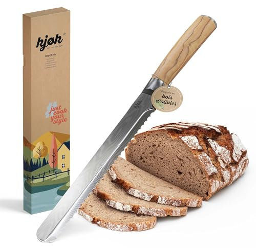 kjøk Premium Couteau à pain – lame en acier 5cr de 20 cm, dureté 56±2 HRC, manche ergonomique en bois d’olivier, Couteau de Cuisine à lame dentelée ultra tranchante pour pain et rôti – Bread Knife