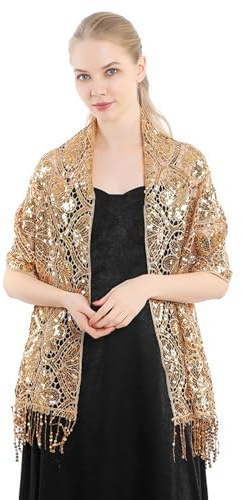 Vintage Damen Glitzer Stola mit Fransen 180cm Länge, Lochstickerei Lace-Stola Reine-Farben Damenschal Pailletten-Schal Wraps Tuch Umschlagtücher für Abendkleider, Hochzeit und Partys