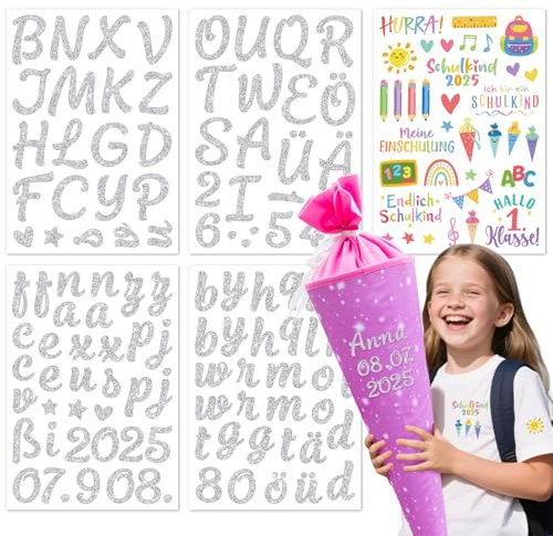 5 Bügelbild für Textilen Einschulung Geschenk Shirt Endlich Schulkind Transferaufkleber Glitzer Buchstaben Zahlen Bügelbild Aufnäher für Kleidung Bügelfolie zum Aufbügeln Selbst Gestalten Tshirt