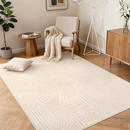 BEIMO Alfombra Moderna 120x160CM, Alfombra Suave de Pelo Corto con Efecto 3D, Lavable y Antideslizante para Sala de Estar, Dormitorio, Cocina, Pasillo, Beige