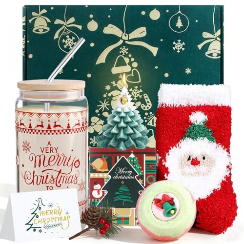 Weihnachtsgeschenke für Frauen, 7 Stück Wellness Geschenke Inklusive Weihnachtskerzen, Weihnachtsgläser mit Strohhalm und Deckel, Klein Weihnachtsgeschenke Für Mama