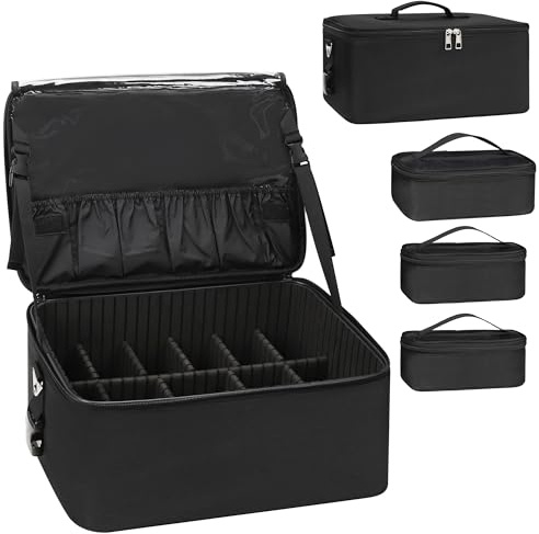 Valigia per trucco, organizer professionale per cosmetici con porta-pennelli, Nero B, L