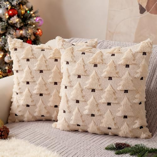 GADITIEK 45x45cm Kissenbezug Weihnachten, 2 Stück Weicher Plüsch Winter Kissenhülle, Weihnachts Kissenbezüge mit Weihnachtsbaum Aesthetic, Deko Weihnachten Innen Weihnachtskissenbezug (Beige)